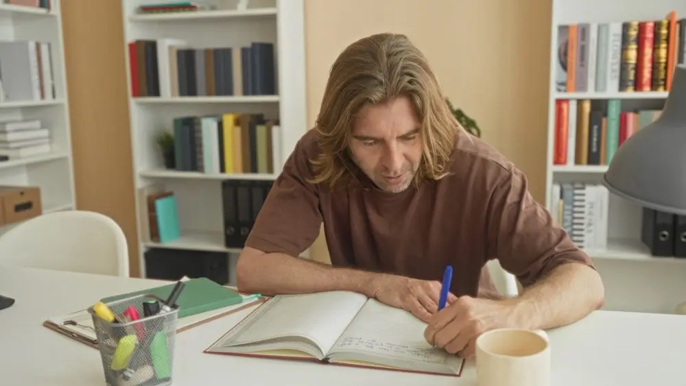 Studente concentrato scrive appunti su un quaderno durante uno studio intenso in biblioteca per prepararsi all'esame.