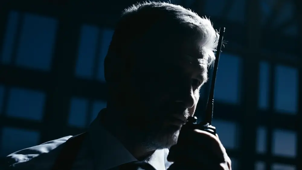 Carabiniere che utilizza un apparato radio durante un turno di servizio notturno.